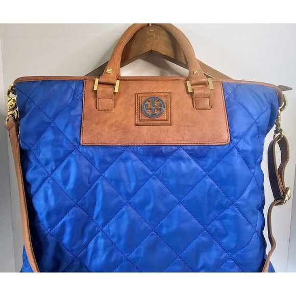 Tory Burch Royal Blue Bobby‎ Quilted Nylon Leather Tote Shoulder Bag SEE PICS - Picture 2 of 15